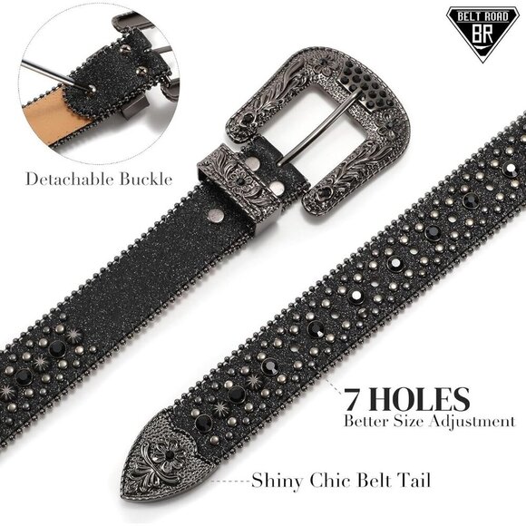 Women\'s Rhinestones Goth Bling Halloween Belt Cowgirl Western Full Black Belt